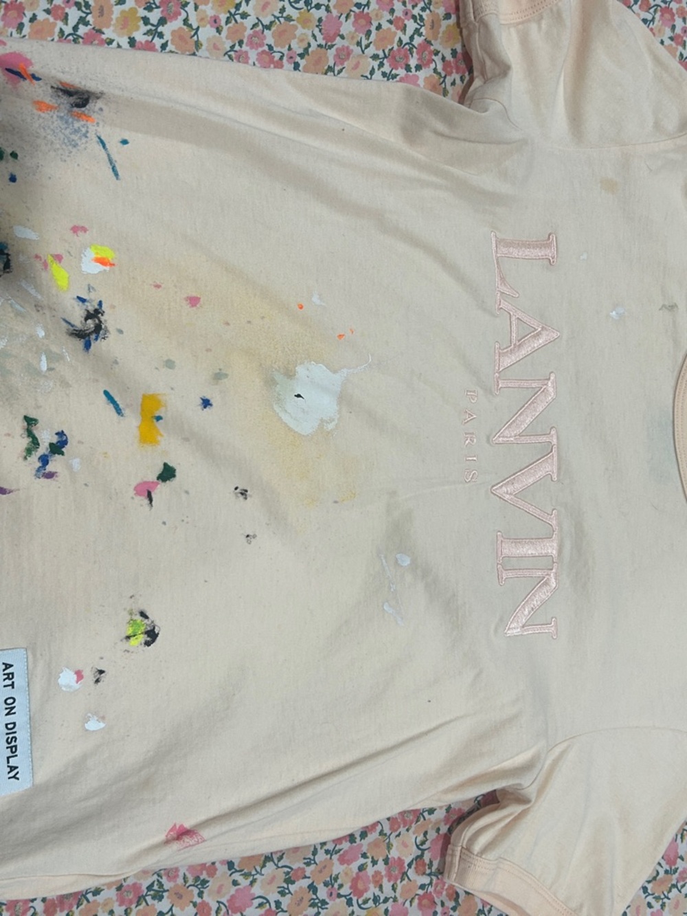 Lanvin Cream Short Sleeve Tee with Pink Logo and Multicolor Paint Accents